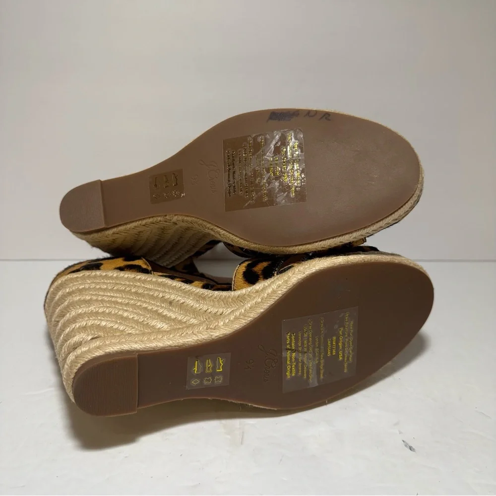 New J. CREW Leopard Print Calf Hair Tan Black Wedge Espadrille Sandals Size 9.5